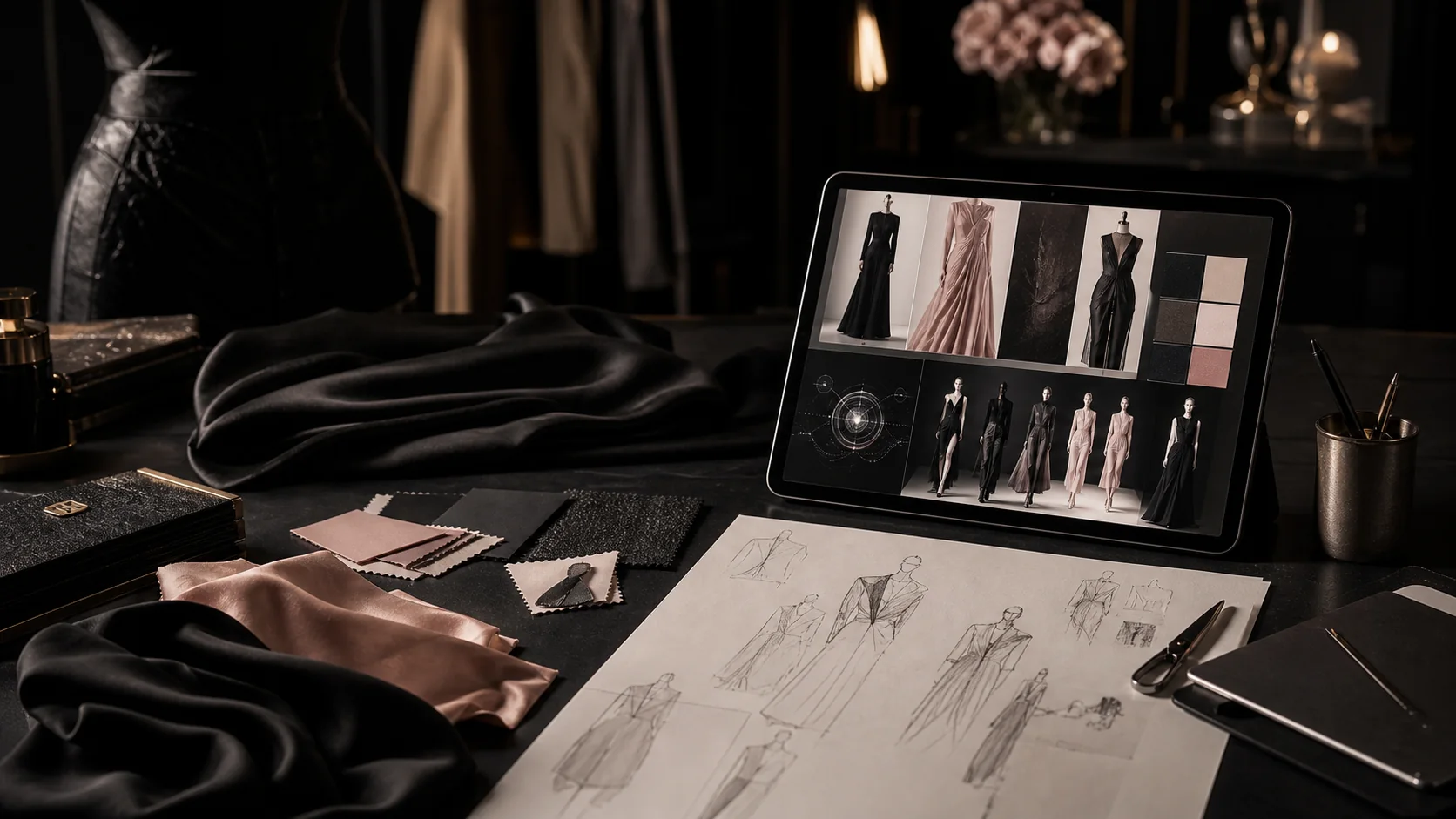 時尚工作桌上的 AI 品味服務與服裝草圖